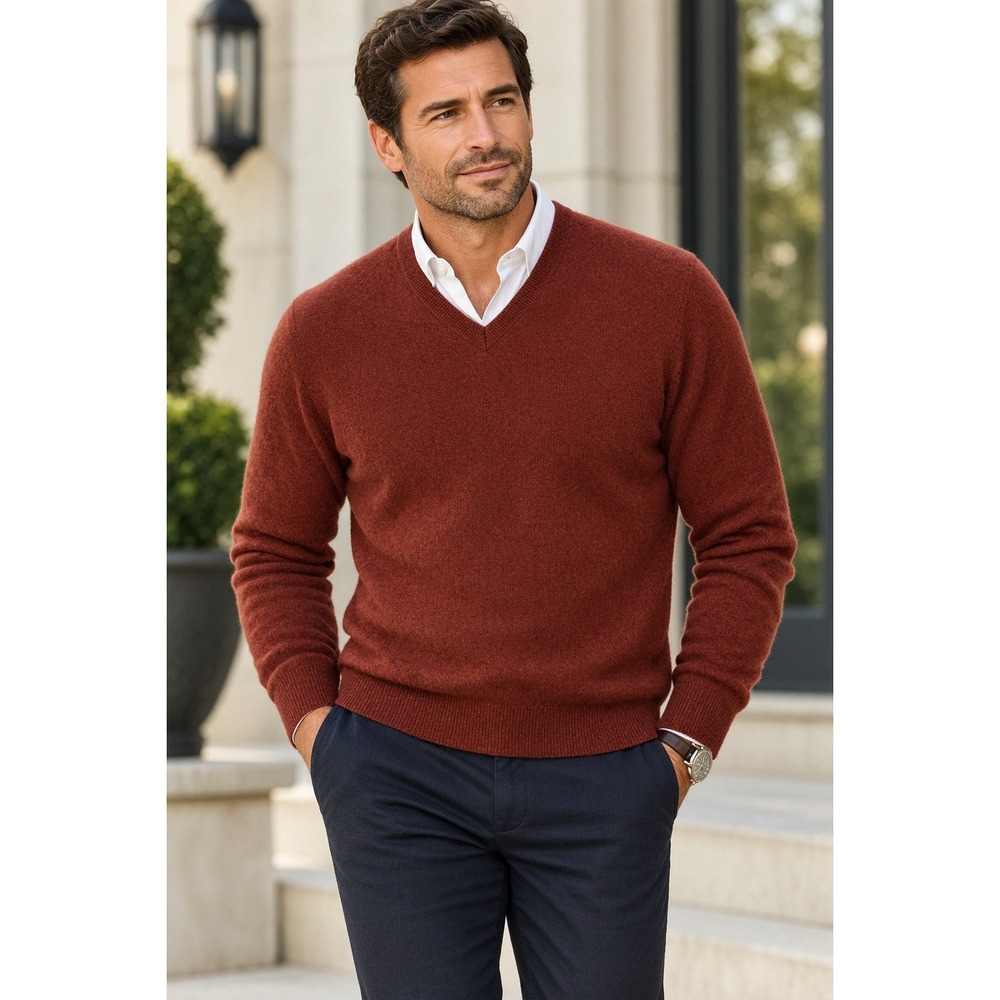 Neiman Marcus Cashmere V-Neck Sweater Mens XL Burgundy Rust Old Money Minimalist